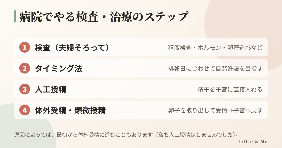 病院でやる不妊の検査・治療のステップ:検査、タイミング法、人工授精、体外受精